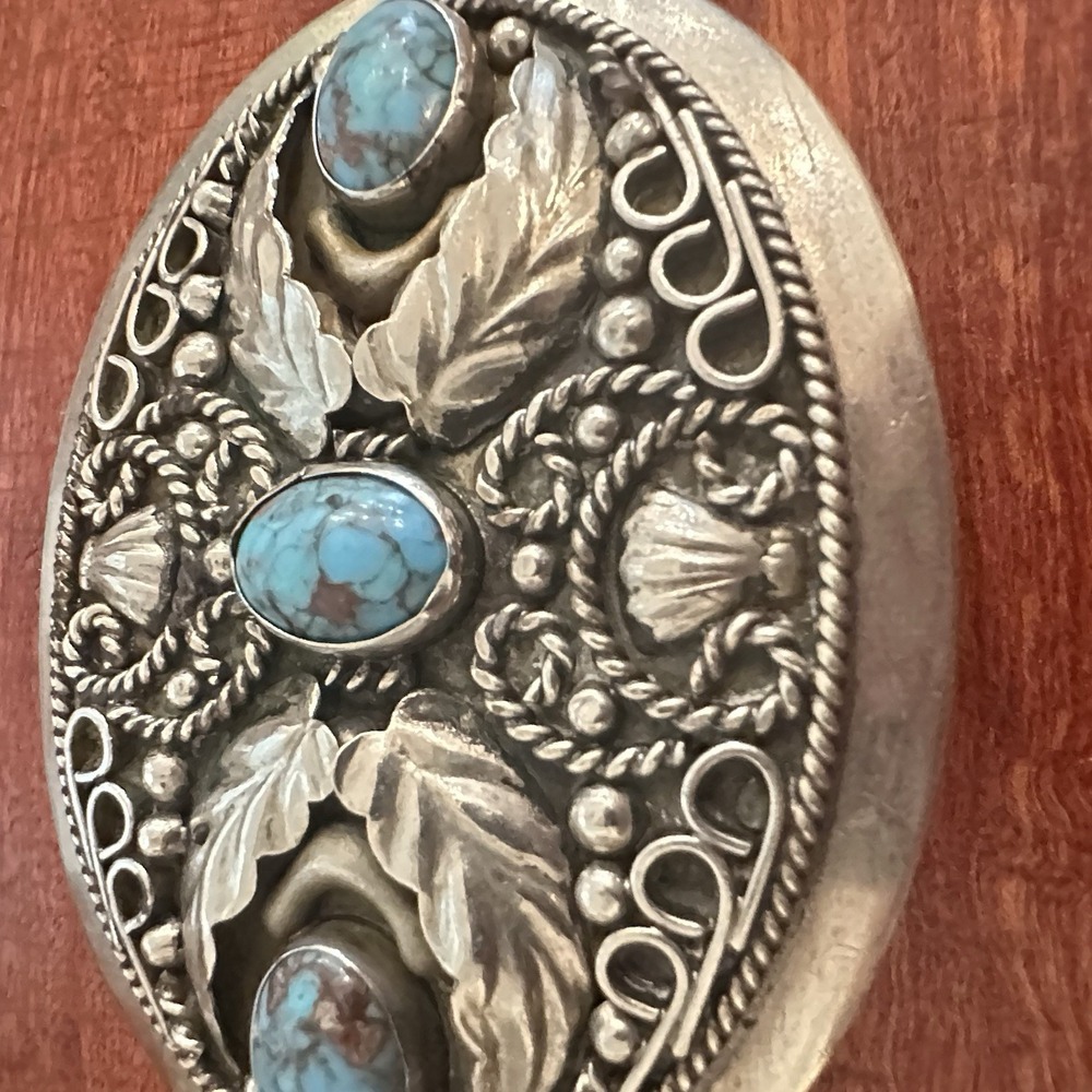 Alpaca Mexico Turquoise Belt Buckle Unisex Silver Blue Floral Leaf Shell - Picture 2 of 7